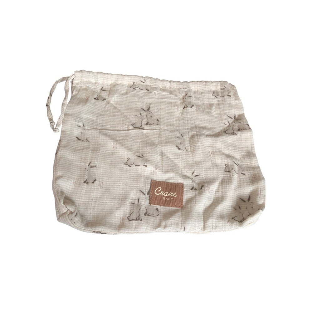 Crane Baby Organic Cotton Muslin Drawstring Pouch Bag Neutral Bunny Print 10x10"